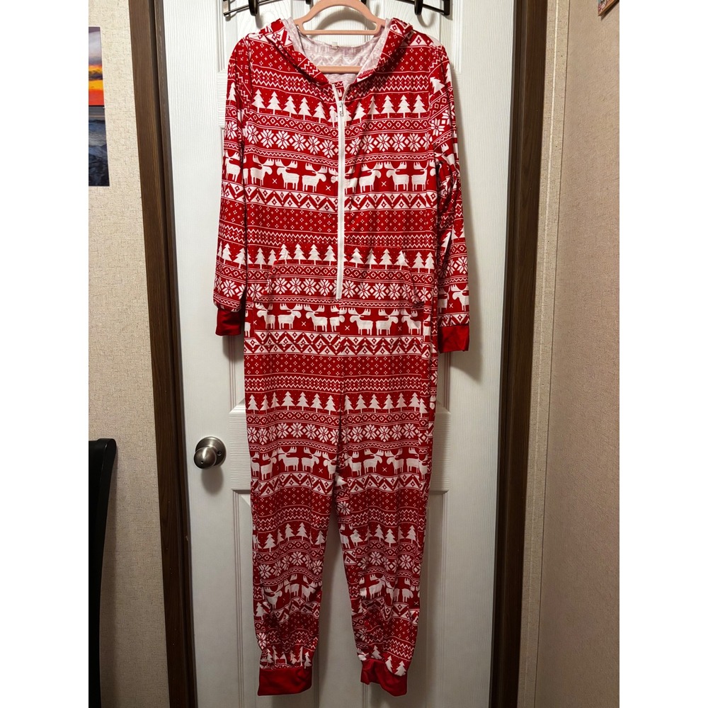 Christmas Moose Fair Isle Hooded Pajama One Piece Union Suit Red White Small